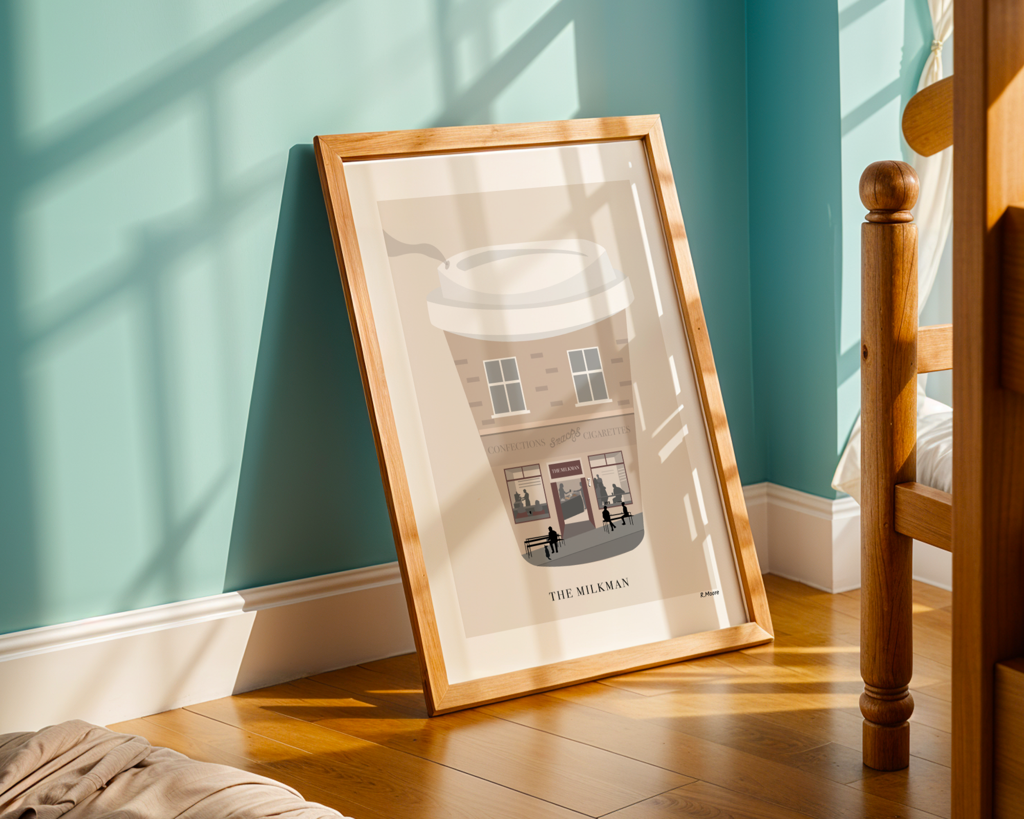 A framed art print titled 'THE MILKMAN' leaning against a teal wall on a wooden floor, styled in a warm, sunlit bedroom setting next to a wooden bed frame.